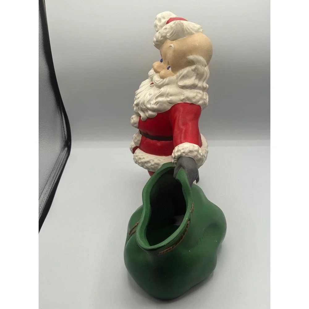 Vintage Ceramic Santa Claus Planter Figurine with Green Toy‎ Bag Candy Dish Red